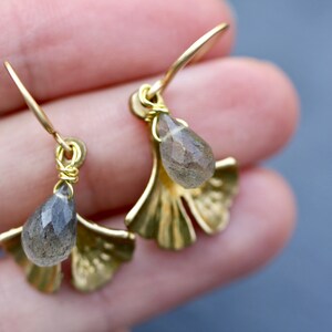 Labradorite drop Earrings, leaf earrings, gemstone earrings, labradorite jewelry, February birthstone, Gingko, rough cut jewelry image 6