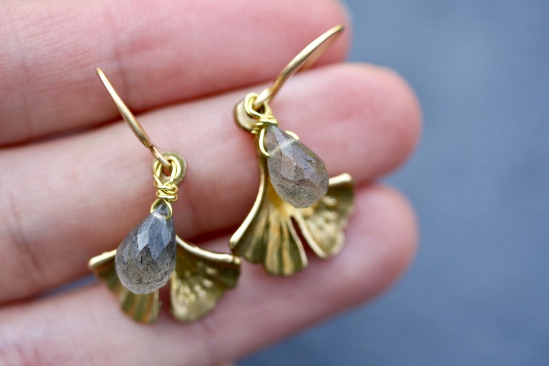 Labradorite drop Earrings, leaf earrings, gemstone earrings, labradorite jewelry, February birthstone, Gingko, rough cut jewelry image 6