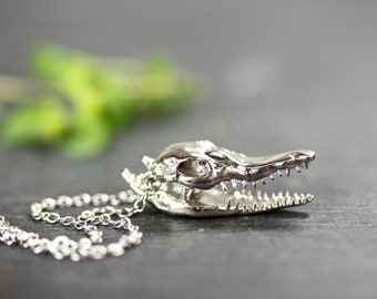 Crocodile Skull Necklace - Silver Tone Alligator Jewelry