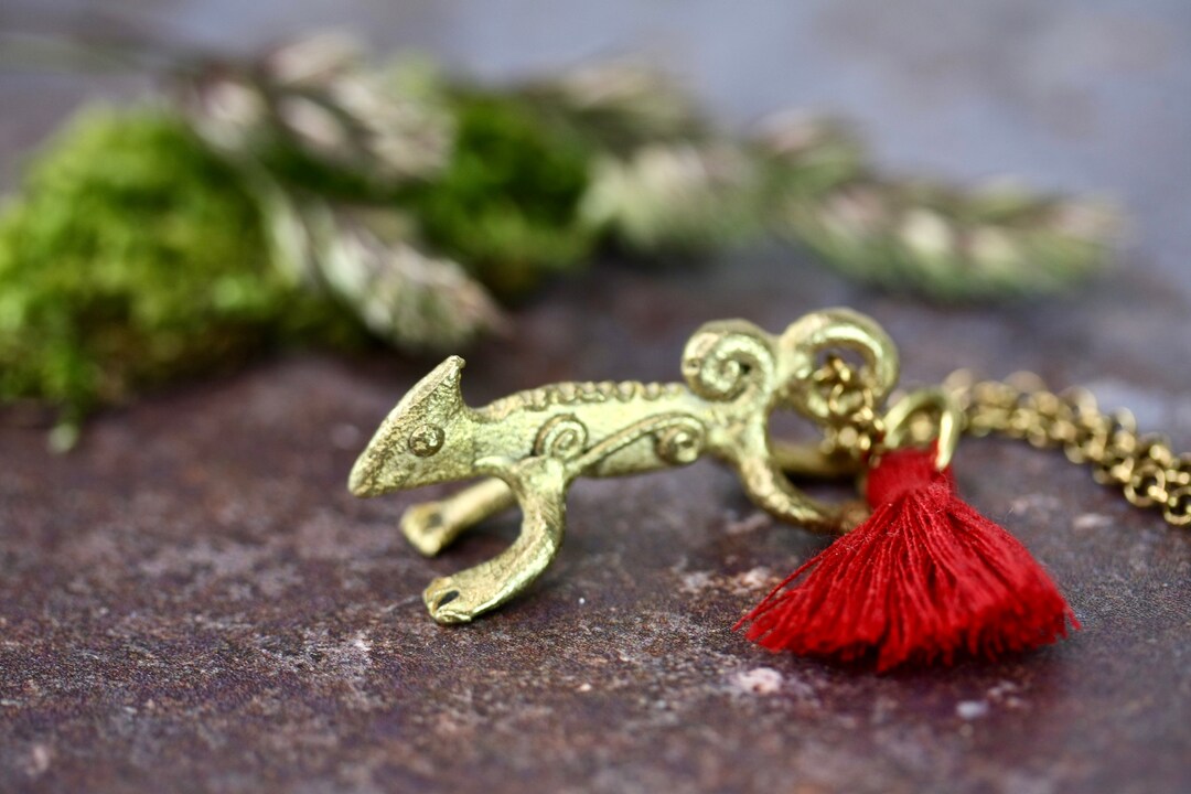 Lizard Pendant Long Necklace Brass Necklace Lizard Etsy