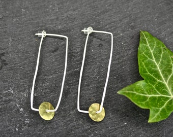 Sterling Silver Rectangle Hoop Earrings, Minimalist Geometric Dangle