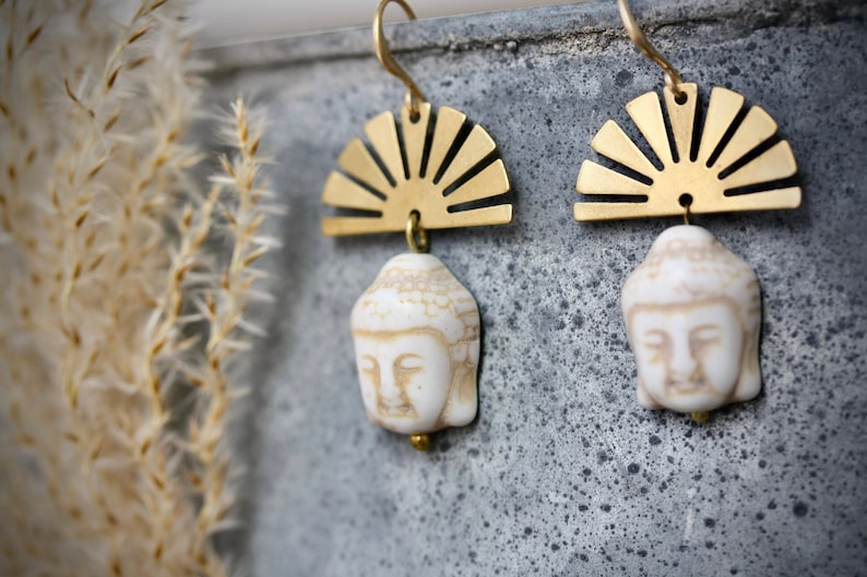 Buddha Earrings With Brass Sun Crown Boho earrings hippie earrings yoga earrings sun earrings ethnic earrings religious earrings ancient image 1