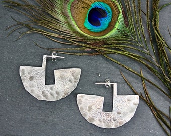 Silver Geometric Earrings, beaten earrings, hammered earrings silver ethnic earrings handmade silver earrings boho silver earrings big boho