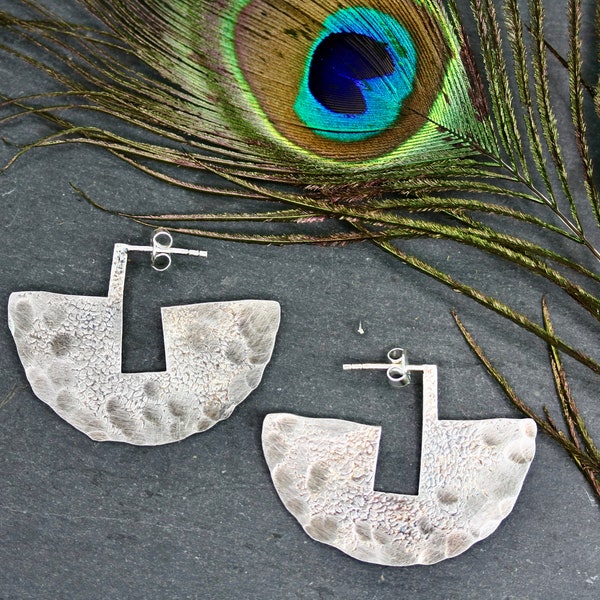 Silver Geometric Earrings, beaten earrings, hammered earrings silver ethnic earrings handmade silver earrings boho silver earrings big boho