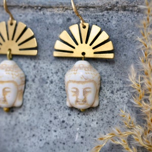 Buddha Earrings With Brass Sun Crown Boho earrings hippie earrings yoga earrings sun earrings ethnic earrings religious earrings ancient image 2