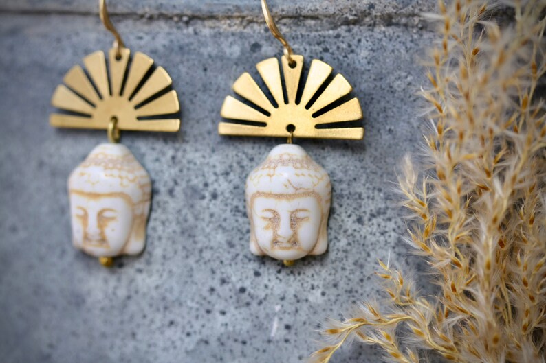 Buddha Earrings With Brass Sun Crown Boho earrings hippie earrings yoga earrings sun earrings ethnic earrings religious earrings ancient image 2