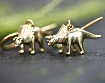 Dinosaur Earrings, TRICERATOPS, Jurassic, triceratops earrings dinosaur jewellery, dinosaur jewelry, gold earrings small gold earring