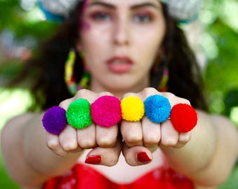 pom pom ring, pom pom jewelry, festival jewelry, rainbow rings, ring set, colorful ring fun ring pompom ring statement ring, statement rings