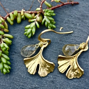 Labradorite drop Earrings, leaf earrings, gemstone earrings, labradorite jewelry, February birthstone, Gingko, rough cut jewelry image 1