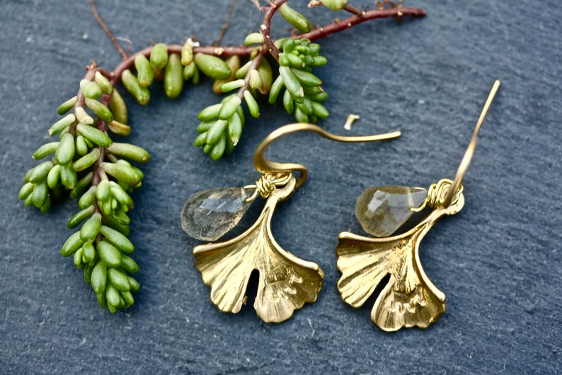 Labradorite drop Earrings, leaf earrings, gemstone earrings, labradorite jewelry, February birthstone, Gingko, rough cut jewelry image 1