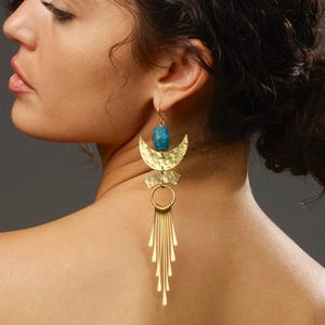Pendientes egipcios de latón hechos a mano, piedra de apatita, joyería llamativa