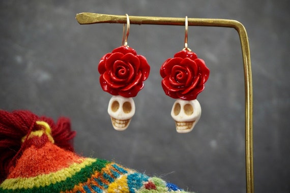 Halloween Sugar Skull Earrings – Day of the Dead Rose Jewelry | Frida Kahlo Inspired Boho Festival Style