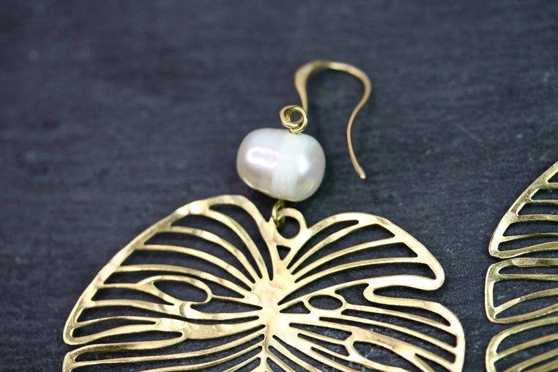 Gold Leaf Earrings with pearl finish, monstera earrings statement earrings big leaf earrings big gold earrings Etsy's Pick image 3