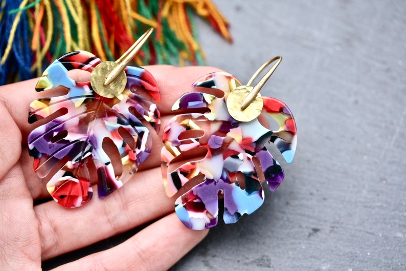 Tropical Earrings, colourful earrings, statement earrings, rainbow earrings, leaf earrings, tropical leaf, big earrings, colourful leaf image 6