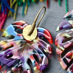 Tropical Earrings, colourful earrings, statement earrings, rainbow earrings, leaf earrings, tropical leaf, big earrings, colourful leaf image 5