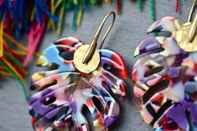 Tropical Earrings, colourful earrings, statement earrings, rainbow earrings, leaf earrings, tropical leaf, big earrings, colourful leaf image 5