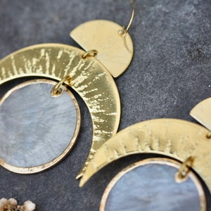 Statement big 18k gold covered brass earrings made with translucent moon round shell and hammered gold brass pieces and gold filled hooks image 3