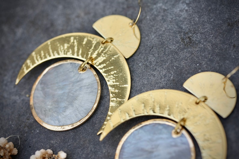 Statement big 18k gold covered brass earrings made with translucent moon round shell and hammered gold brass pieces and gold filled hooks image 3