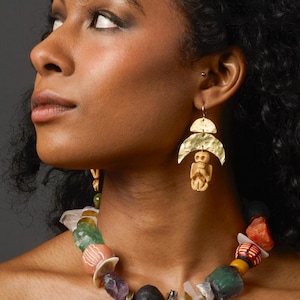 Inca Mummy Skeleton Earrings - Hand Carved Bone & Brass image 3