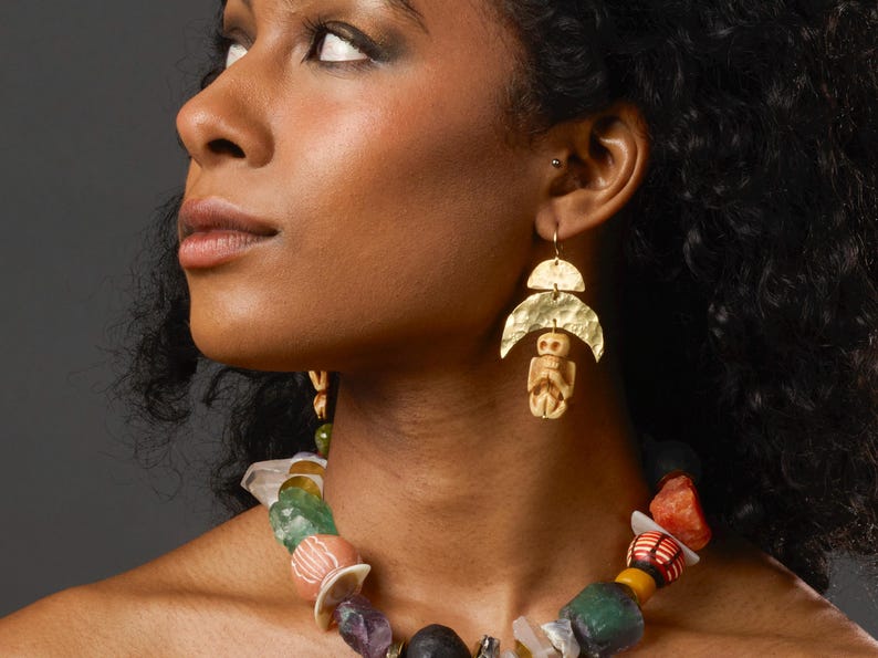Inca Mummy Skeleton Earrings - Hand Carved Bone & Brass image 3