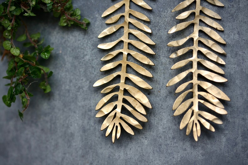 Gold Leaf Earrings Made From Raw Brass That Has Been Beaten and Hammered Bohemian, handmade nature style earrings imagem 3