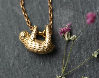Tiny Brass Sloth Necklace, Animal Jewelry