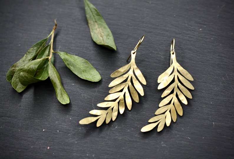 Gold Leaf Earrings, beaten earrings bridesmaids earrings big boho earrings gold nature earrings boho bridal earrings beaten gold earrings image 4