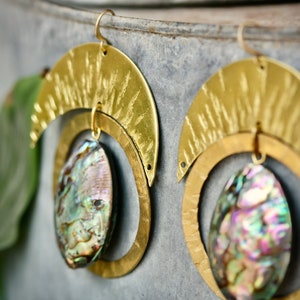 Large Statement gold earrings, mother of pearl earrings bohemian earrings regal earrings abalone shell earrings Etsy's pick big earrings image 3