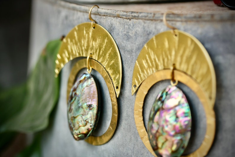 Large Statement gold earrings, mother of pearl earrings bohemian earrings regal earrings abalone shell earrings Etsy's pick big earrings image 3