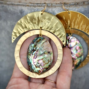 Large Statement gold earrings, mother of pearl earrings bohemian earrings regal earrings abalone shell earrings Etsy's pick big earrings image 7