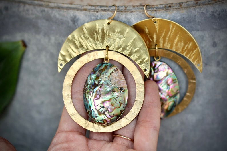 Large Statement gold earrings, mother of pearl earrings bohemian earrings regal earrings abalone shell earrings Etsy's pick big earrings image 7