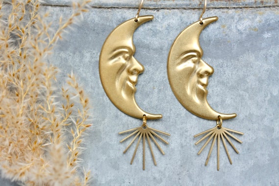 Gold Brass Moon Face Earrings, Whimsigoth Celestial Jewelry