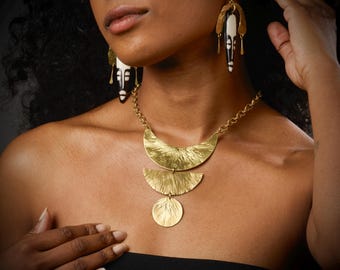 Hammered Brass Statement Necklace | Bohemian Golden Pendants