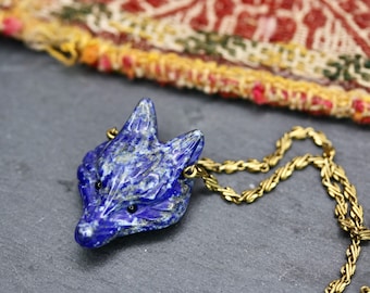 Fox Necklace, lapis necklace, animal necklace, lapis lazuli, gem stone, blue fox, blue necklace nature necklace gem necklace gold necklace