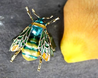 Green Enamel Bee Pin, Gold Insect Brooch, Boho Jewelry
