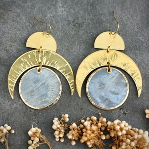 Statement big 18k gold covered brass earrings made with translucent moon round shell and hammered gold brass pieces and gold filled hooks image 2