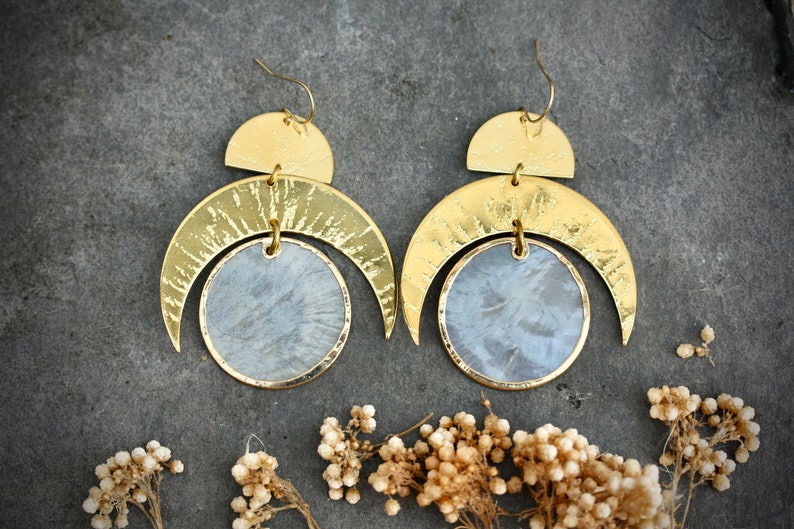 Statement big 18k gold covered brass earrings made with translucent moon round shell and hammered gold brass pieces and gold filled hooks image 2