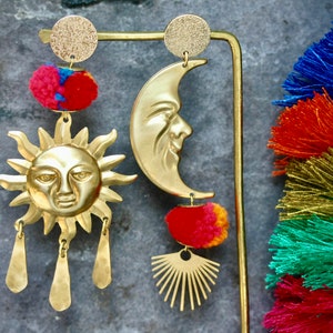 Sun and Moon Earrings, gold sun earrings Inca earrings fun earrings large earrings mismatch earrings colourful earrings Peruvian earrings