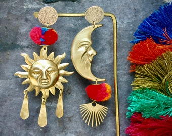 Sun and Moon Earrings, gold sun earrings Inca earrings fun earrings large earrings mismatch earrings colourful earrings Peruvian earrings