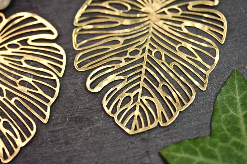 Gold Leaf Earrings with pearl finish, monstera earrings statement earrings big leaf earrings big gold earrings Etsy's Pick image 2