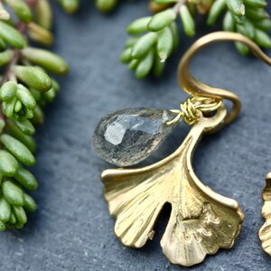 Labradorite drop Earrings, leaf earrings, gemstone earrings, labradorite jewelry, February birthstone, Gingko, rough cut jewelry image 2