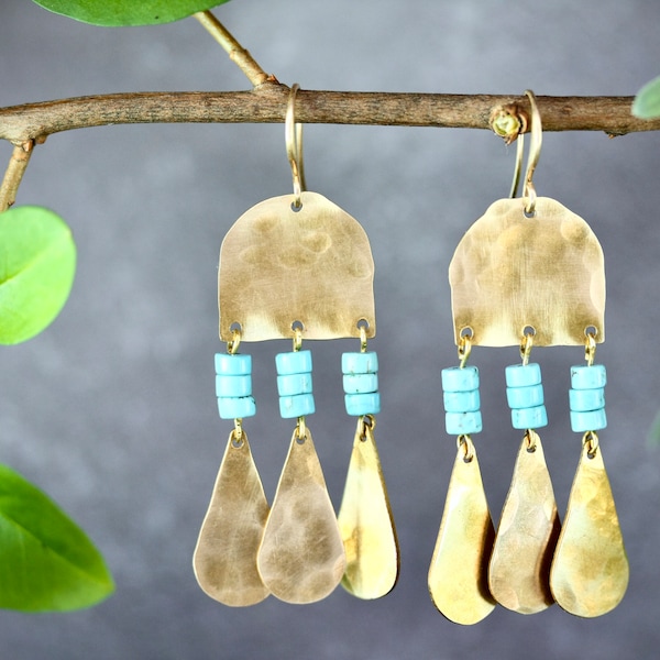 Dangle gold earrings, boho earrings, ethnic earrings, beaten earrings, golden earrings, turquoise earrings, jade earrings, coral earrings