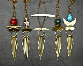 Long Fringe Necklace, Golden Brass Boho Tassel, Statement Jewelry