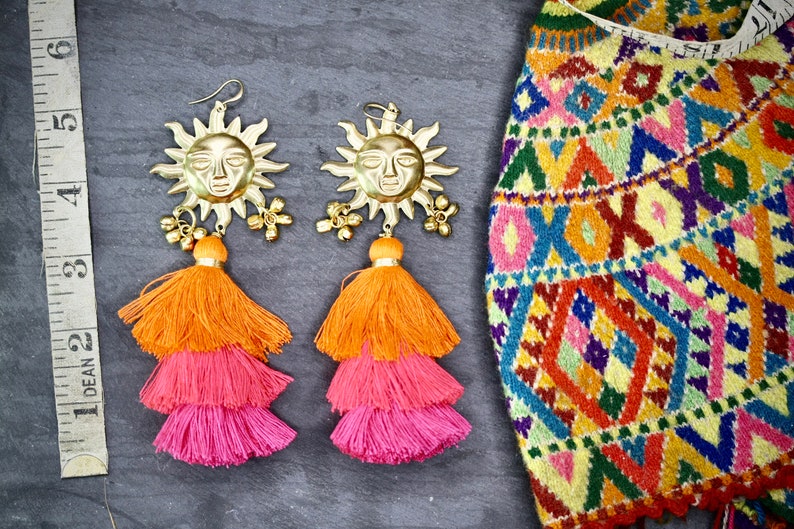 Large Sun Tassel Earrings,colourful earrings boho tassel earrings big earrings sun earrings statement earrings tassel earrings handmade image 9