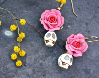 Tag der Toten Ohrringe, Halloween Ohrringe, Schädel Ohrringe, Frida Ohrringe Blumen Ohrringe Halloween Schmuck Dia de los Muertos