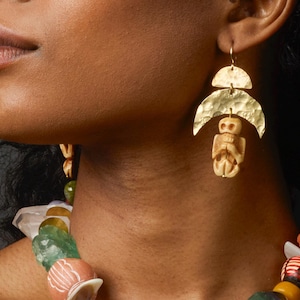 Inca Mummy Skeleton Earrings - Hand Carved Bone & Brass image 1