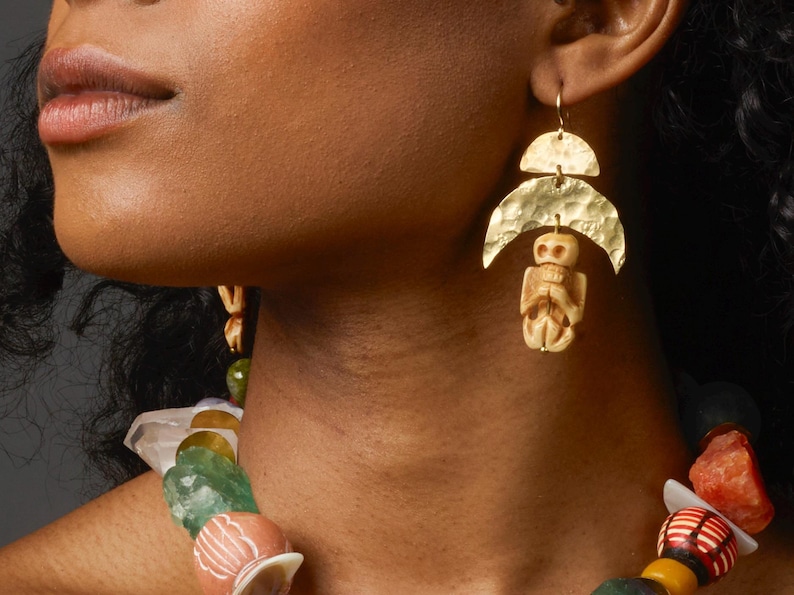Inca Mummy Skeleton Earrings - Hand Carved Bone & Brass image 1