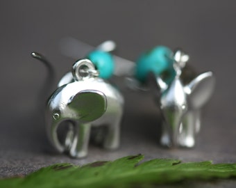 Silver Elephant Earrings, Turquoise Bead, Boho Animal Jewelry