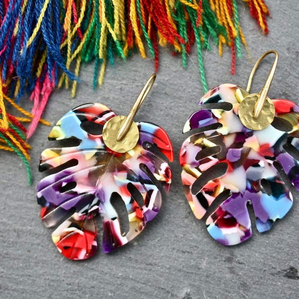 Tropical Earrings, colourful earrings, statement earrings, rainbow earrings, leaf earrings, tropical leaf, big earrings, colourful leaf