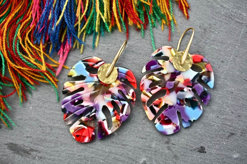 Tropical Earrings, colourful earrings, statement earrings, rainbow earrings, leaf earrings, tropical leaf, big earrings, colourful leaf image 1